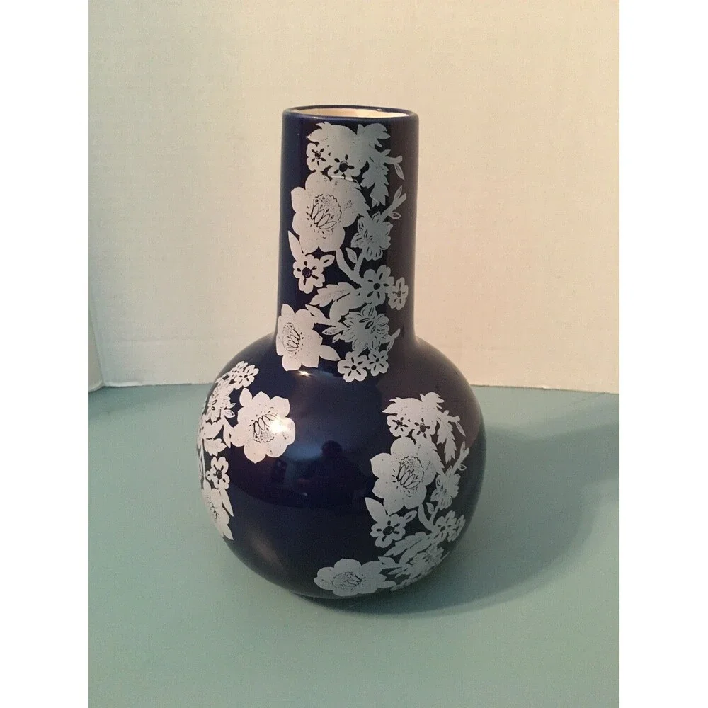 Avon Seaside Garden Collection Cobalt Blue Floral Design Porcelain Vase 8.5